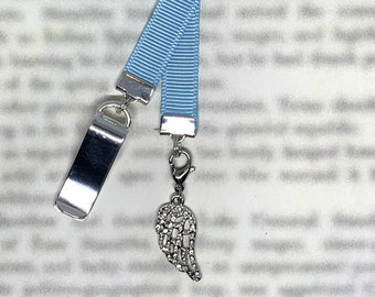 Angel Wing with Pave Crystals Attachable Bookmark - Special clip attaches to cover, ribbon marks your page, never lose your bookmark again!