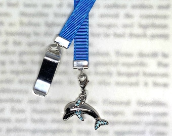 Dolphin attachable bookmark - Special clip attaches to cover, ribbon marks your page, never lose your bookmark again!