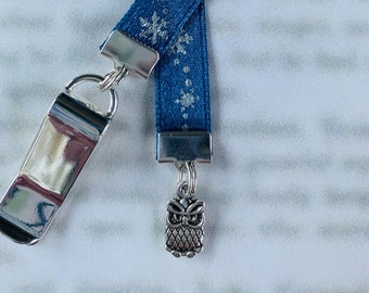 Owl Charm Bookmark on Winter Snowflake Ribbon - Attach Clip to book cover then mark page with ribbon. Never lose your bookmark!