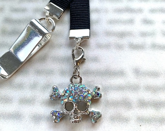 Skull and Cross Bones Pirate attachable bookmark - Special clip attaches to cover, ribbon marks your page, never lose your bookmark again!