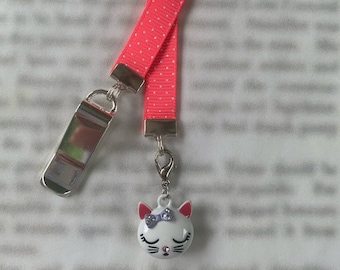 Cat Kitten Cute Attachable Bookmark - Special clip attaches to cover, ribbon marks your page, never lose your bookmark again!