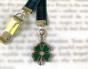 Four Leaf Clover, Lucky Irish Attachable Bookmark - Special clip attaches to cover, ribbon marks your page, never lose your bookmark again!