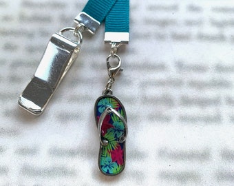 Flip Flop Sandal attachable bookmark - Special clip attaches to cover, ribbon marks your page, never lose your bookmark again!