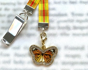 Butterfly Monarch attachable bookmark - Special clip attaches to cover, ribbon marks your page, never lose your bookmark again!