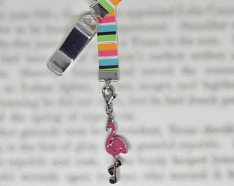 Flamingo Tropical Attachable Bookmark - Special clip attaches to cover, ribbon marks your page, never lose your bookmark again!