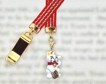 Lucky Cat Maneki-neko bookmark - Special clip attaches to cover, ribbon marks your page, never lose your bookmark