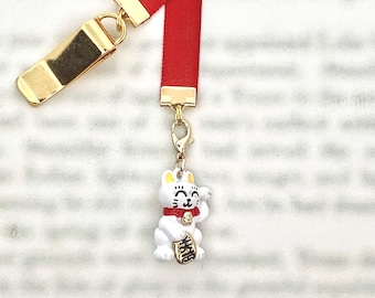Lucky Cat Maneki-neko bookmark - Special clip attaches to cover, ribbon marks your page, never lose your bookmark