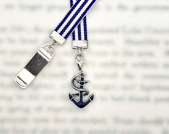 Anchor Boating Naval Nautical Attachable Bookmark - Special clip attaches to cover, ribbon marks your page, never lose your bookmark again!