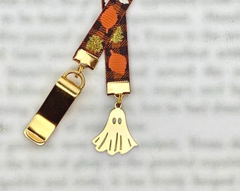 Fall Autumn Ghost bookmark - Clip attaches to cover, ribbon marks your page, never lose your bookmark