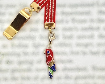 Parrot Macaw Bookmark - Attachable Bookmark with Special clip attaches to book cover, ribbon marks your page. Never lose your bookmark