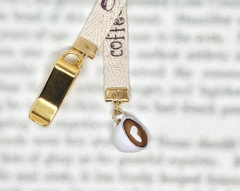 Coffee Cup Latte Attachable Bookmark - Special clip attaches to cover, ribbon marks your page, never lose your bookmark again!