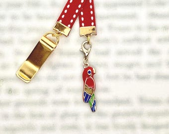 Parrot Macaw Bookmark - Attachable Bookmark with Special clip attaches to book cover, ribbon marks your page. Never lose your bookmark