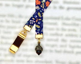 Acorn Fall Autumn Bookmark - Special clip attaches to book cover, ribbon marks your page. Never lose your bookmark again!