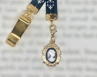 Victorian Cameo Damask attachable bookmark - Special gold clip attaches to cover, ribbon marks your page, never lose your bookmark again!