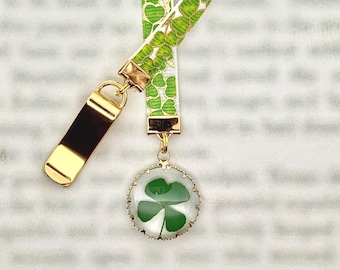 Four Leaf Lucky Clover Attachable Bookmark - Special clip attaches to cover, ribbon marks your page, never lose your bookmark