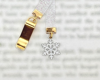 Snowflake Crystal Charm Attachable Bookmark - Special clip attaches to cover, ribbon marks your page, never lose your bookmark again!