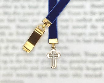 Cross Christian Attachable Bookmark - Special clip attaches to book cover, ribbon marks your page. Never lose your bookmark