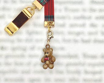 Teddy Bear bookmark - Special clip attaches to cover, ribbon marks your page, never lose your bookmark