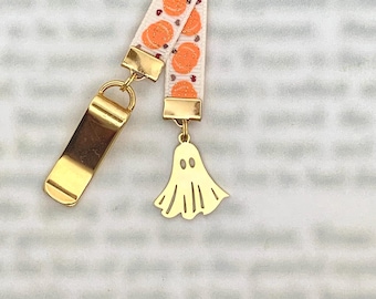 Ghost in Pumpkin Patch bookmark - Special clip attaches to cover, ribbon marks your page, never lose your bookmark