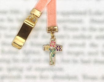 Cross Christian Floral Bookmark - Special clip attaches to book cover, Peach velvet ribbon marks your page. Never lose your bookmark