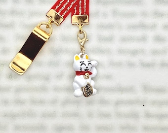 Lucky Cat Maneki-neko bookmark - Special clip attaches to cover, ribbon marks your page, never lose your bookmark