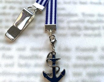 Anchor Boating Naval Nautical Attachable Bookmark - Special clip attaches to cover, ribbon marks your page, never lose your bookmark again!