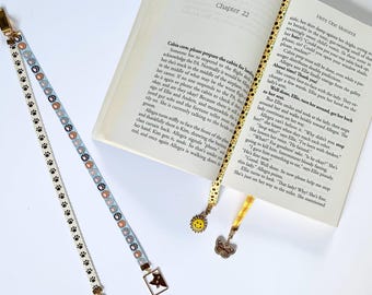 Custom Select TWO RIBBONS with TWO Enamel Crystal or Pearl accented charms Bookmark- Special clip attaches to cover, ribbon marks your page.