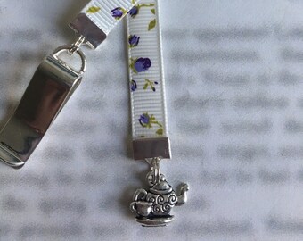 Teapot bookmark / Teacup bookmark  - Attach clip to book cover then mark the page with the ribbon. Never lose your bookmark!