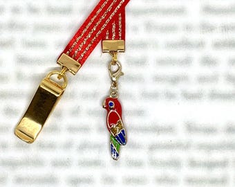 Parrot Macaw Bookmark - Attachable Bookmark with Special clip attaches to book cover, ribbon marks your page. Never lose your bookmark