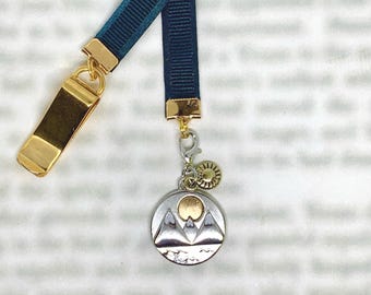 The Mountains Are Calling attachable bookmark - Special clip attaches to cover, ribbon marks your page, never lose your bookmark again!