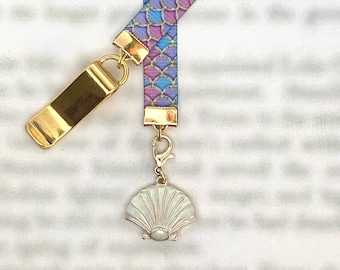 Sea Shell Bookmark - Attachable Bookmark with Special clip attaches to book cover, ribbon marks your page. Never lose your bookmark again!