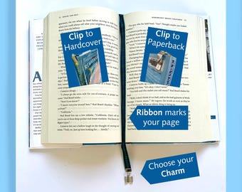 Custom TWO RIBBONS with Enamel Crystal or Pearl accented charms Attachable Bookmark- Special clip attaches to cover, ribbon marks your page.