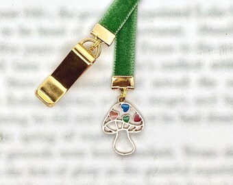 Mushroom Toadstool Cute Attachable Bookmark - Special clip attaches to cover, ribbon marks your page, never lose your bookmark again