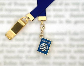 Passport Travel Wanderlust attachable bookmark with clip attaches to book cover, ribbon marks your page. Never lose your bookmark again!