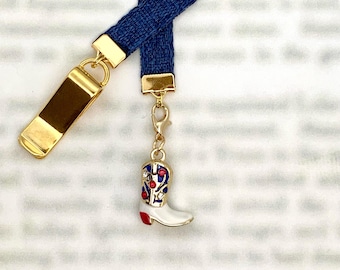 Cowboy Cowgirl Country Line Dance Boot attachable bookmark. Special clip attaches to cover, ribbon marks your page. Never lose the bookmark!