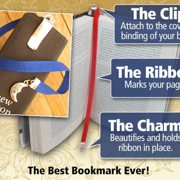 Custom Pewter and Silverplate Attachable Bookmark - Special clip attaches to cover, ribbon marks your page, never lose your bookmark again!