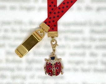 Ladybug, Ladybird Attachable Bookmark - Special clip attaches to cover, ribbon marks your page. Never lose your bookmark again!
