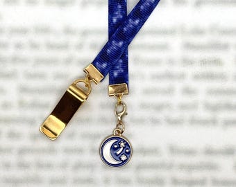 Moon and Stars bookmark - Attachable Bookmark with Special clip attaches to cover, ribbon marks your page. Never lose your bookmark again!