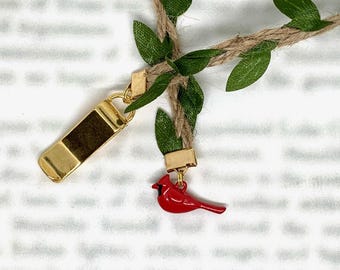 Cardinal Bird Bookmark - Attachable Bookmark with Special clip attaches to book cover, ribbon marks your page. Never lose your bookmark!
