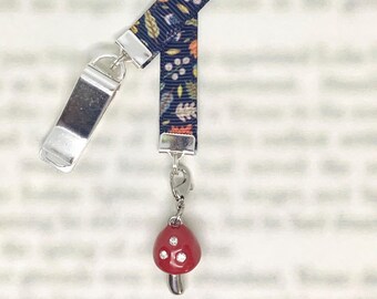 Mushroom Toadstool Cute Attachable Bookmark - Special clip attaches to cover, ribbon marks your page, never lose your bookmark again!