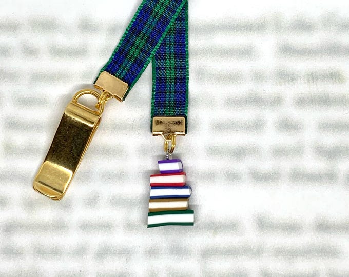 Featured listing image: Stack of Books Booklovers Bookmark -Special clip attaches to cover, ribbon marks your page. Never lose your bookmark again!