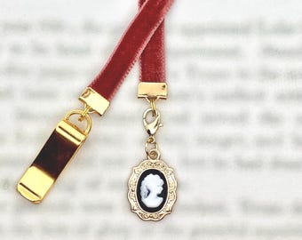 Victorian Cameo attachable bookmark - Special gold clip attaches to cover, ribbon marks your page. Never lose your bookmark