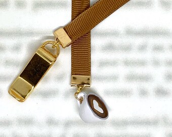 Coffee Cup Latte Attachable Bookmark - Special clip attaches to cover, ribbon marks your page, never lose your bookmark again!
