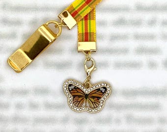 Butterfly Monarch attachable bookmark - Special clip attaches to cover, ribbon marks your page, never lose your bookmark again!