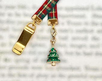 Christmas Tree attachable bookmark - Special clip attaches to cover, ribbon marks your page, never lose your bookmark