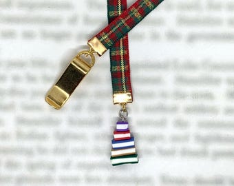 Stack of Books, Red Plaid, Book lovers Bookmark -Special clip attaches to cover, ribbon marks your page. Never lose your bookmark again!