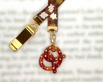 Pretzel Octoberfest Attachable Bookmark with Special clip attaches to book cover, ribbon marks your page. Never lose your bookmark