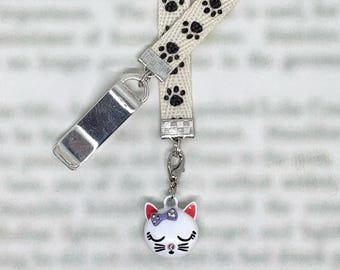 Cat Kitten Cute Attachable Bookmark - Special clip attaches to cover, ribbon marks your page, never lose your bookmark again!