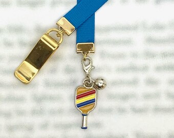 Pickleball Bookmark - Attachable Bookmark with Special clip attaches to book cover, ribbon marks your page. Never lose your bookmark again!