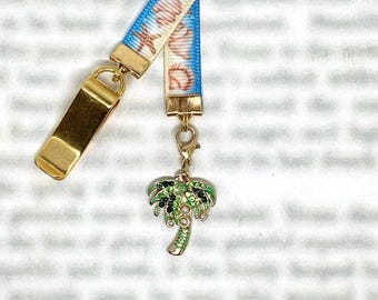Palm Tree Bookmark - Attachable Bookmark with Special clip attaches to book cover, ribbon marks your page. Never lose your bookmark again!